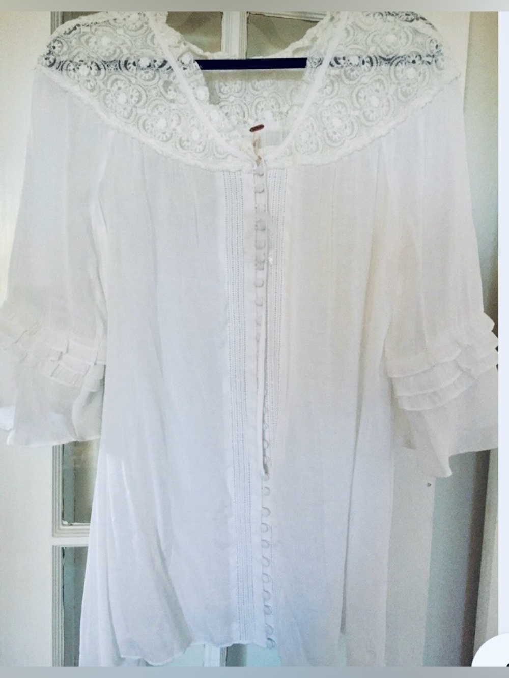 Free People sheer button-down features delicate lace trim and ruffle sleeves - Picture 11 of 11